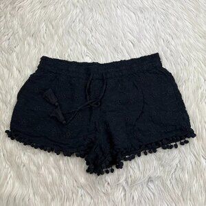 Zara Women's Black Eyele Pom Pom Hem Pull On Shorts